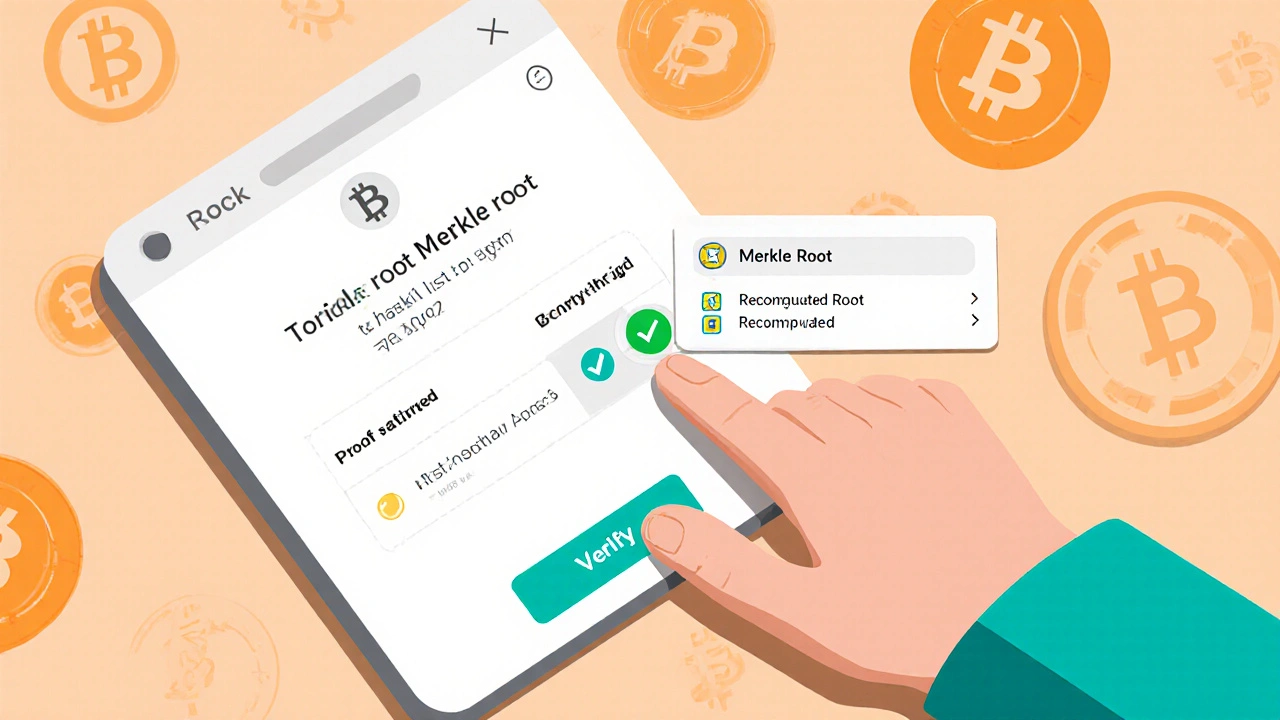 Flat illustration of a smartphone verifying a Bitcoin transaction using a Merkle proof.