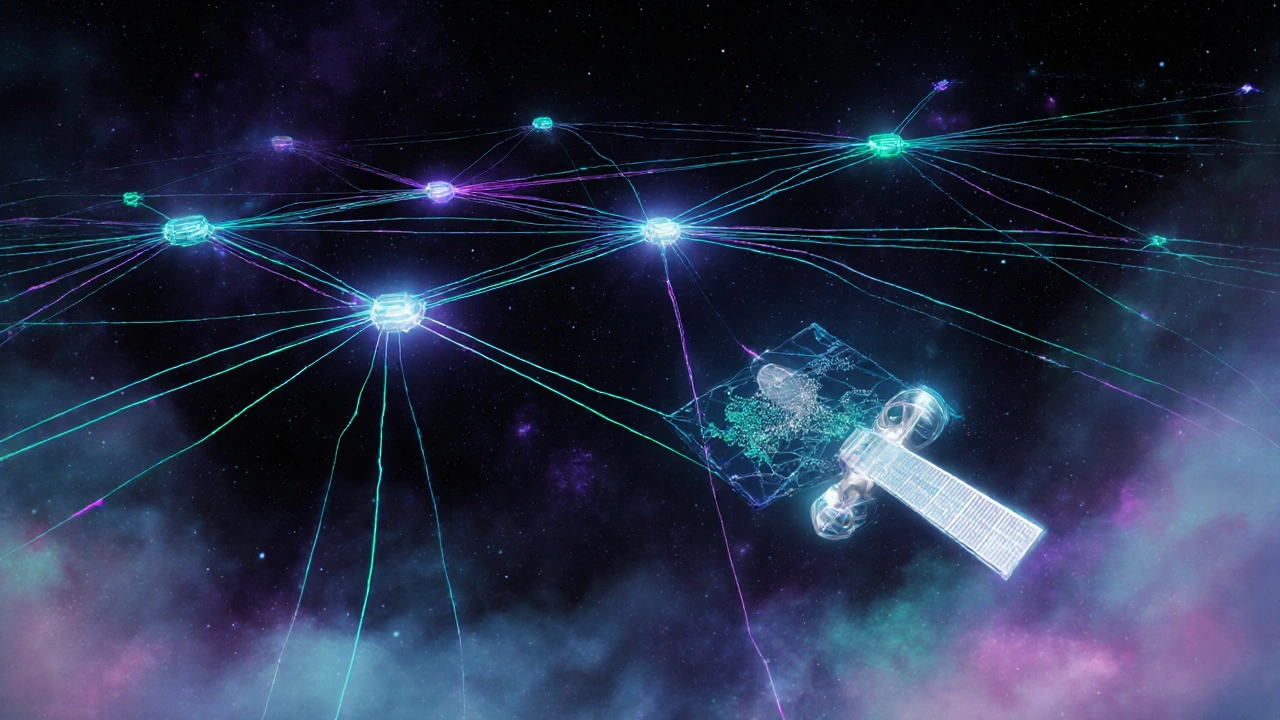 Futuristic blockchain universe with light‑threads connecting chains and glowing IBC packets traveling.