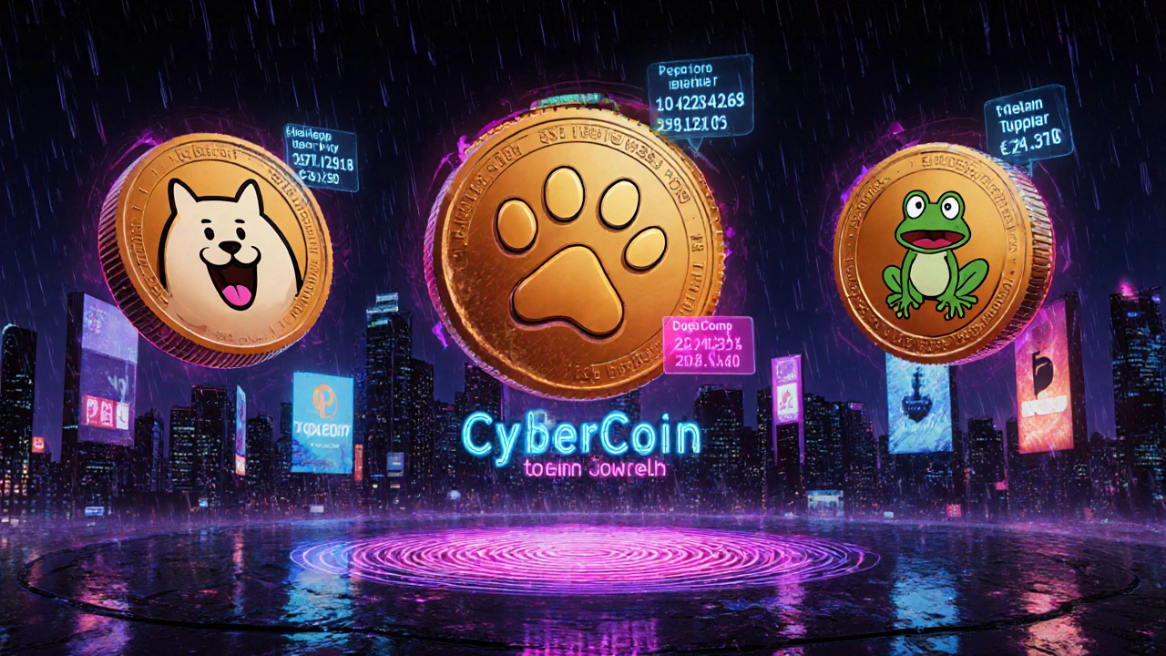 Futuristic city scene with hovering Dogecoin, Shiba Inu, and PepeCoin holograms and neon data tags.