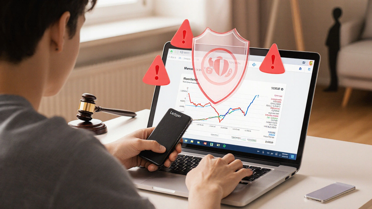 Person using a hardware wallet and laptop to buy meme coins, with red risk alerts and regulator silhouette.