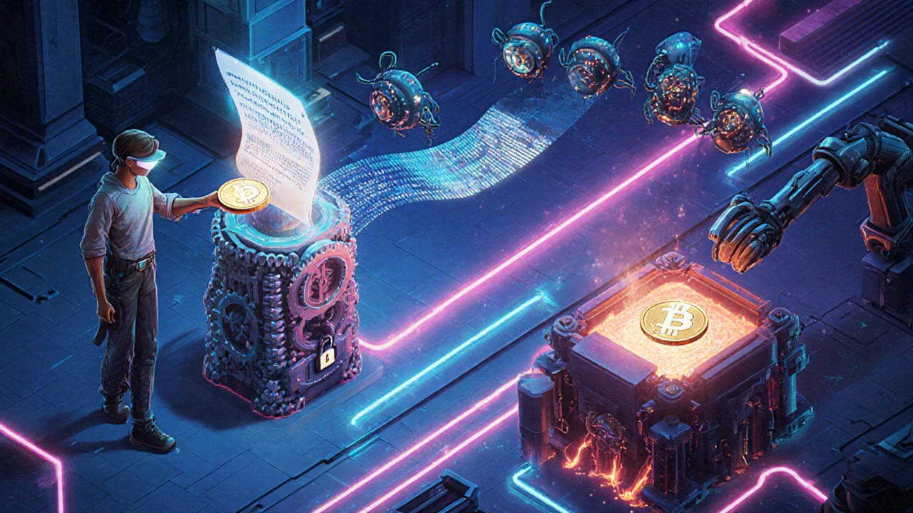 User giving a coin to a smart‑contract statue, validators sending a proof scroll, and a forge minting a wrapped token.