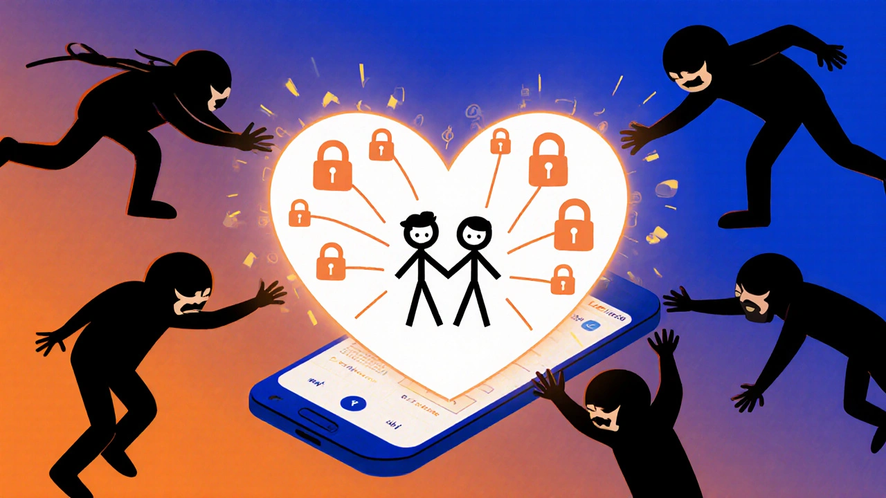 A protective heart shield made of locks guarding two simple stick figures on a phone screen, warding off shadowy threats.
