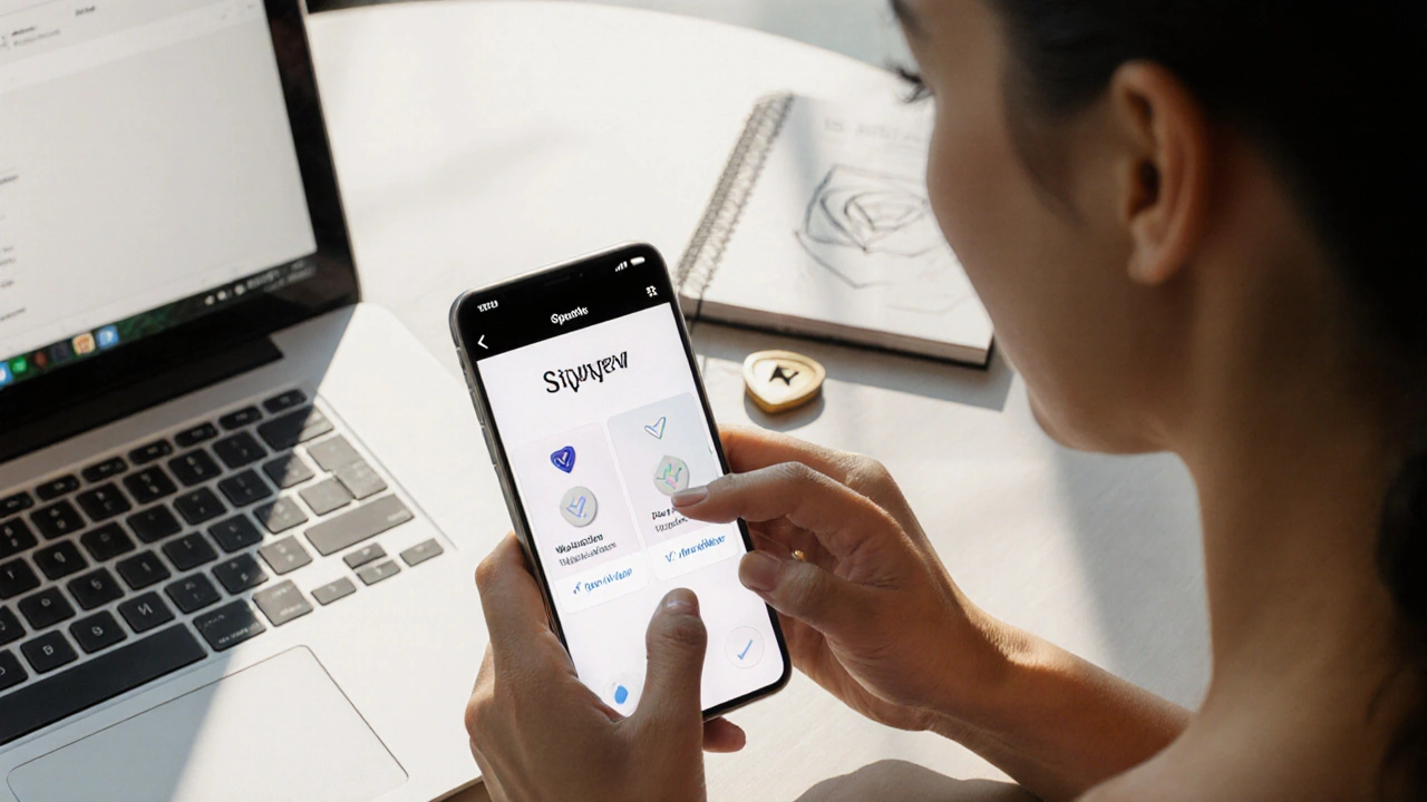 Close‑up of a woman using a phone with abstract app cards and safety symbols on a café table.