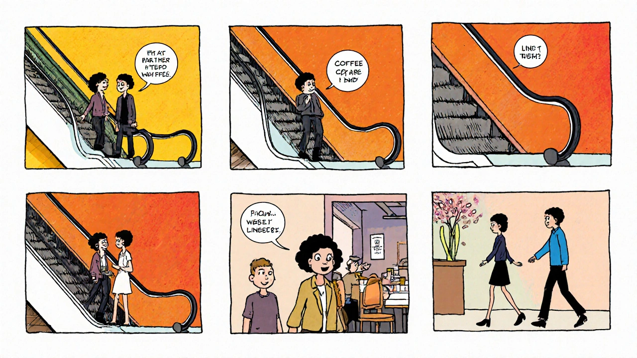 Comic‑book style panels showing a couple following the escalator rule steps.