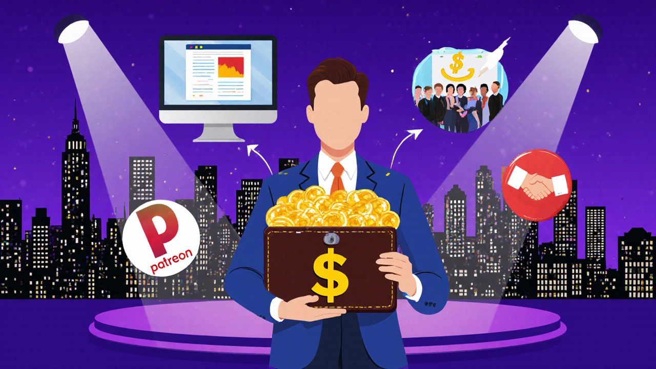 Conceptual collage showing a coach with icons for courses, workshops, subscriptions, and city skyline.