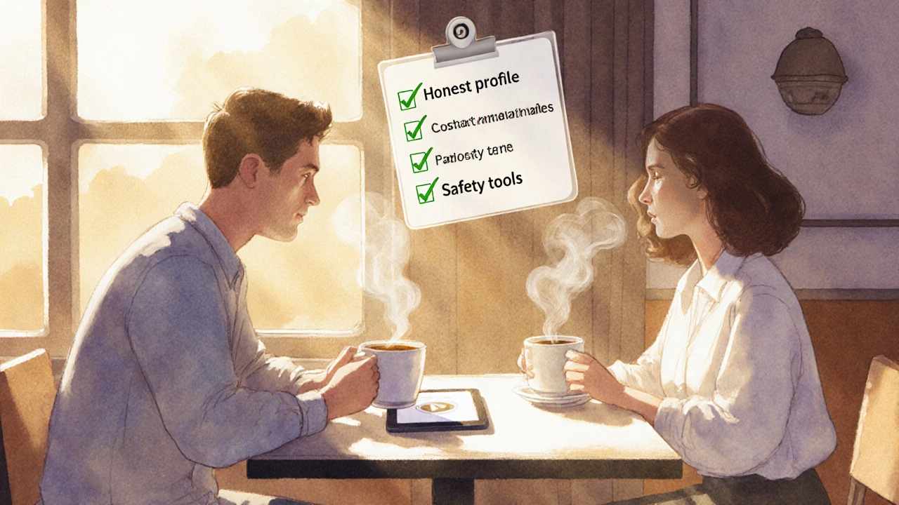 Couple at a café with coffee, a verified badge, and a checklist of relationship steps.