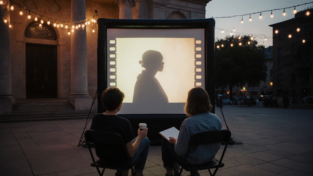 Couple at a twilight outdoor indie film screening in a museum courtyard.