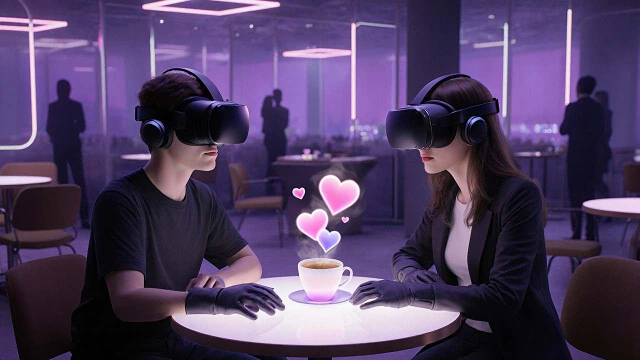 Couple in VR headsets meeting as avatars in a futuristic virtual lounge.