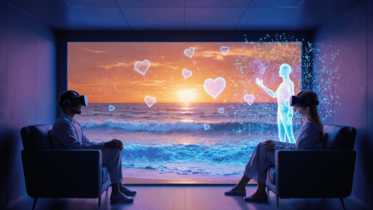 Couple in VR headsets meeting on a digital beach with holographic AI match suggestions.