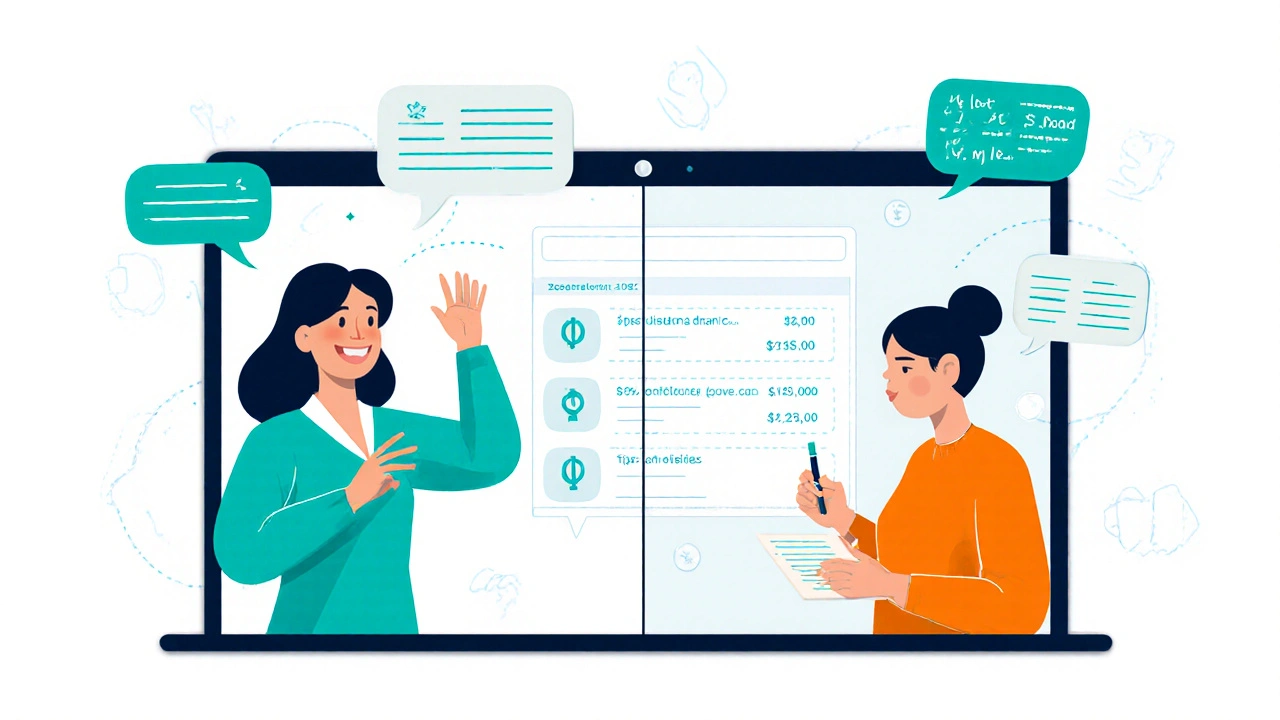 Digital illustration of a video coaching session with coach and client on split screen.