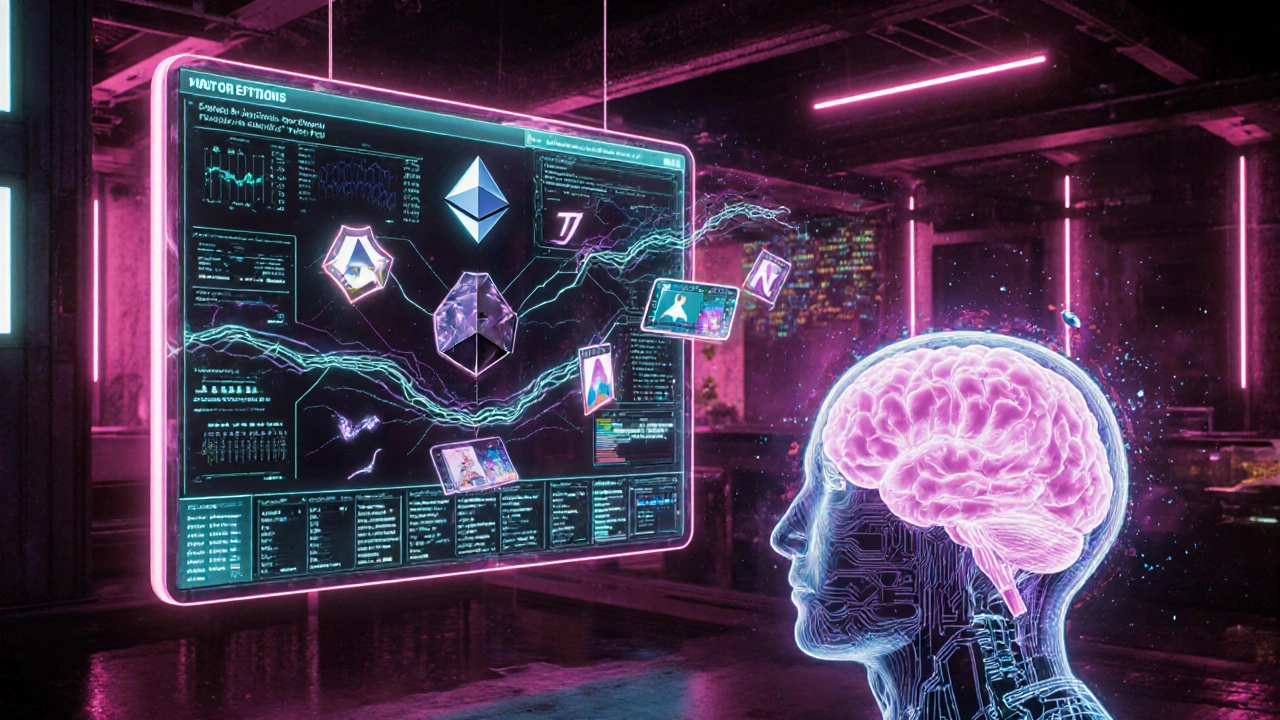 Futuristic dashboard showing cross-chain pools, NFT policies, and AI risk analysis.