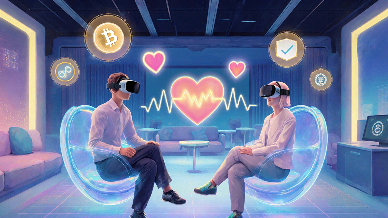 Futuristic VR lounge with holographic avatars and floating icons for AI and blockchain dating features.