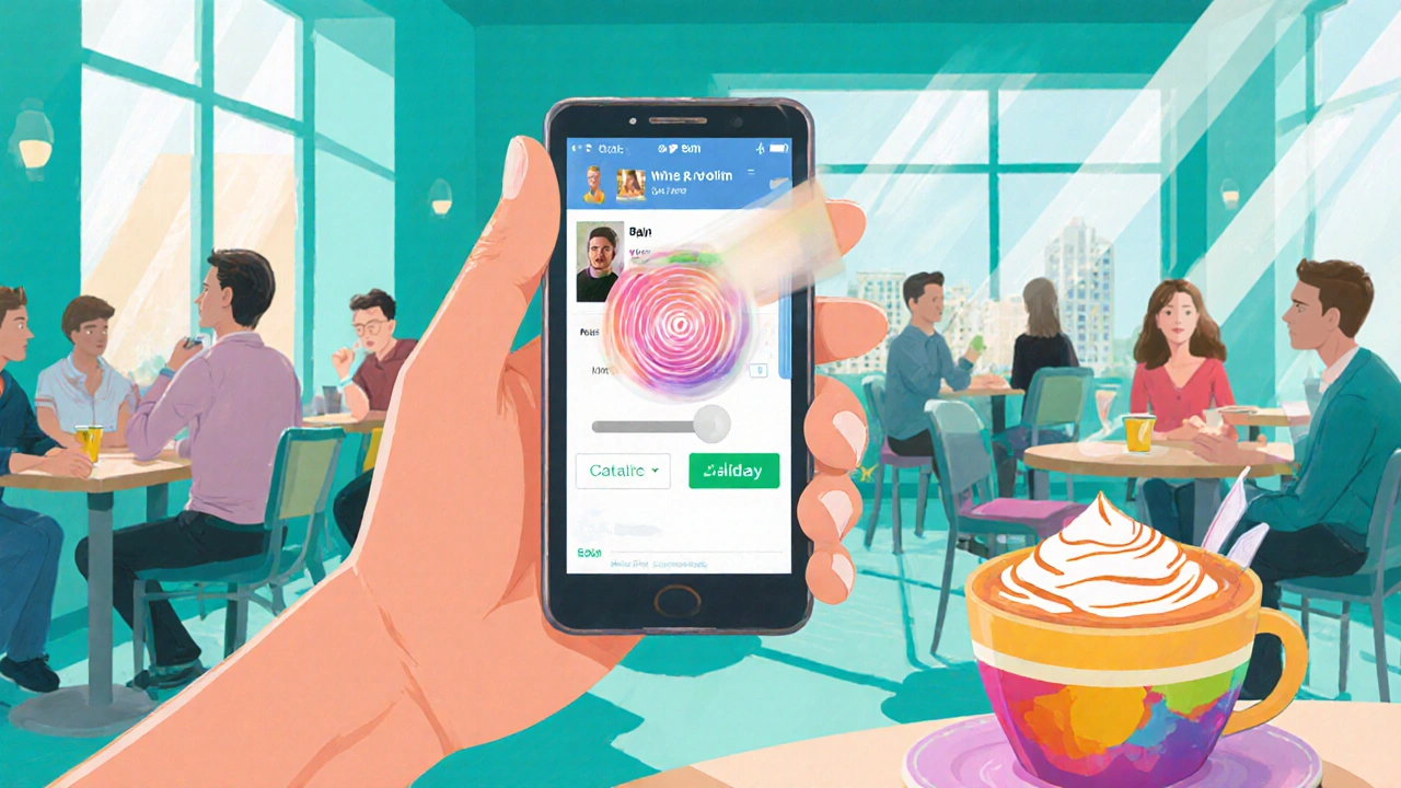 Hand swiping left on a Tinder card in a bright café setting.