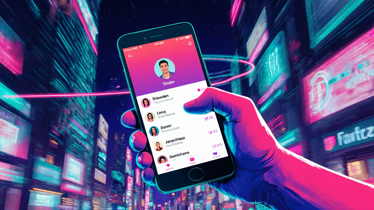 Hand swiping on a smartphone with a dating app interface against a neon city backdrop.