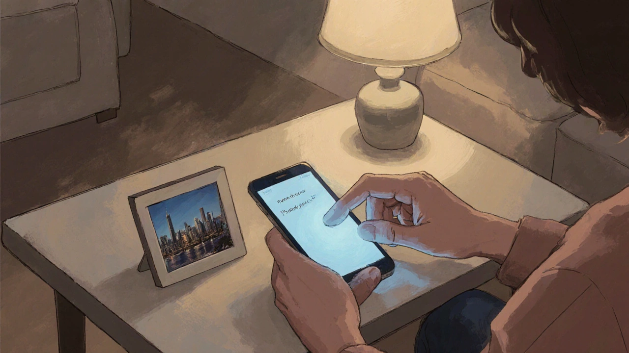 Hand typing a thank‑you message on a phone beside a coffee table after a date.