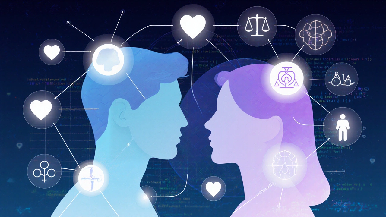 Illustration of a compatibility algorithm with personality icons and data streams.