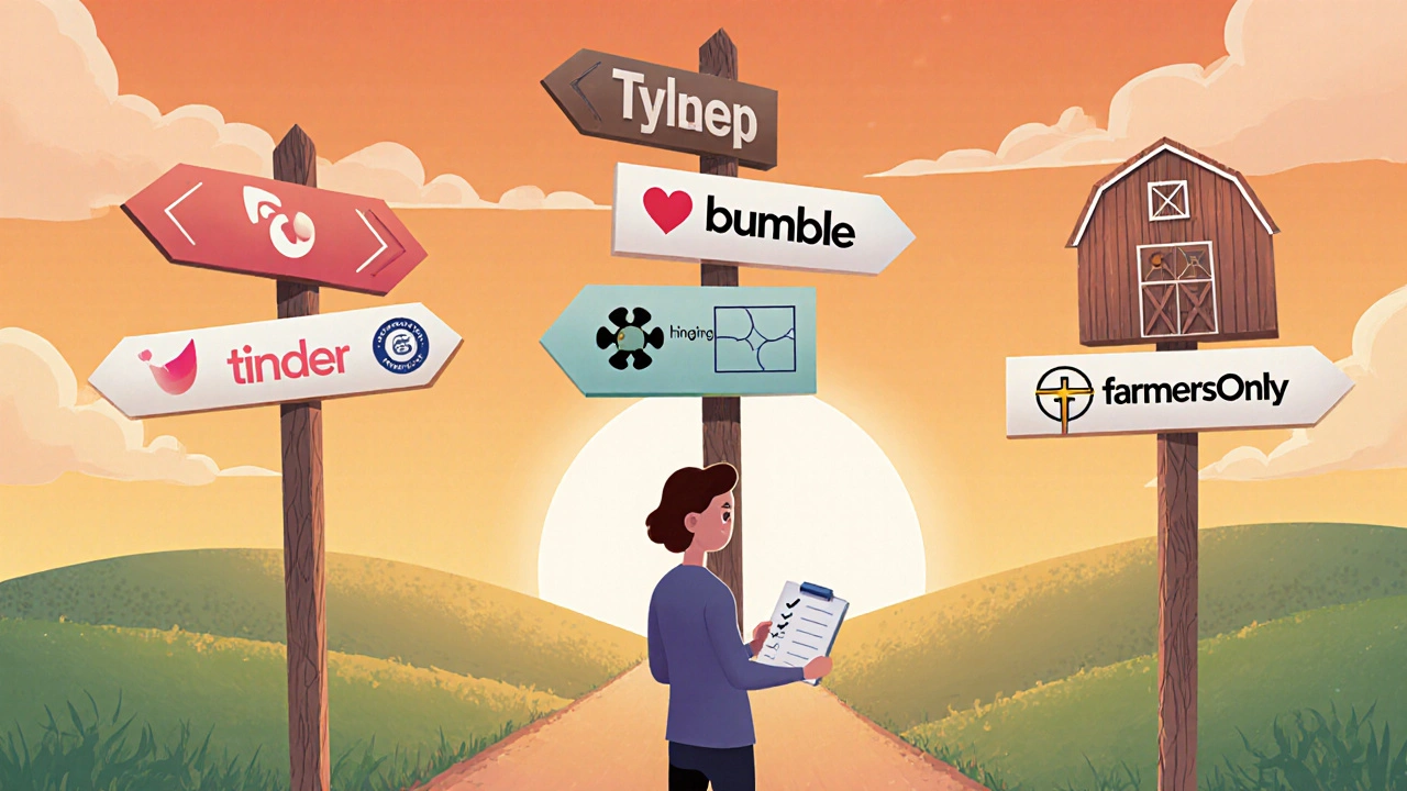 Individual at crossroads with signposts for different dating platforms.