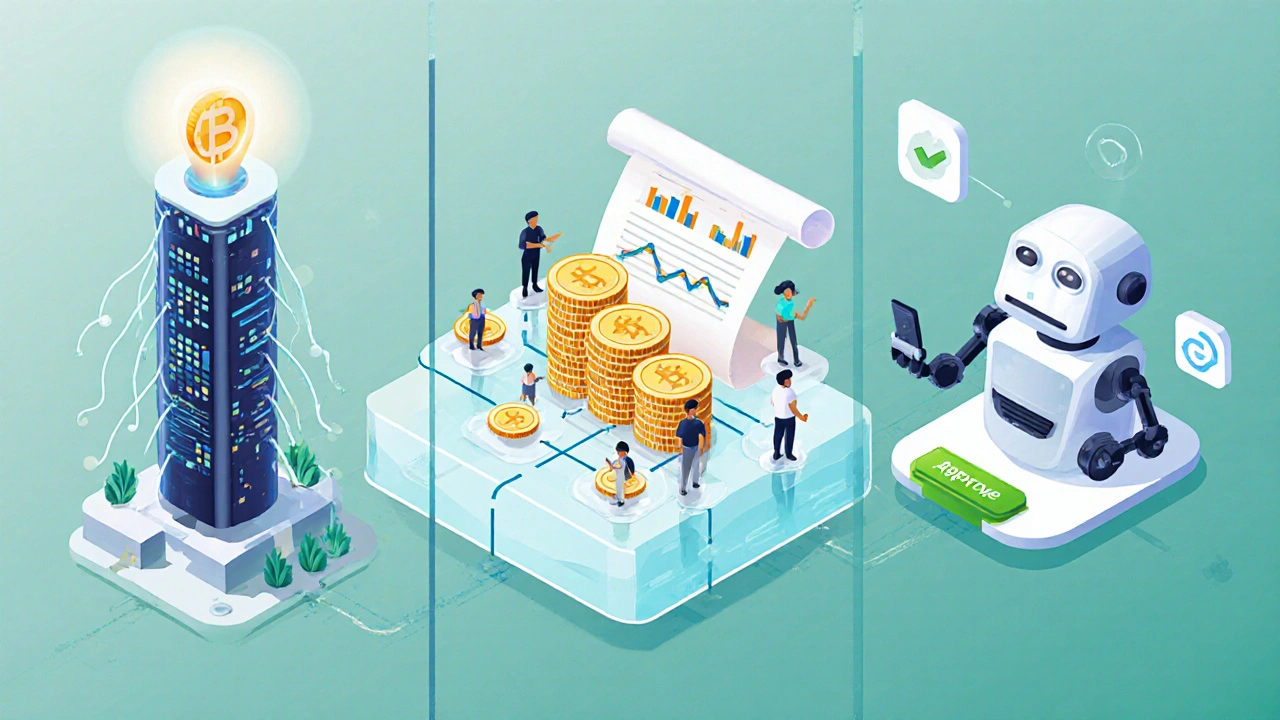 Isometric diagram of risk assessment, token pool, and claim automation.