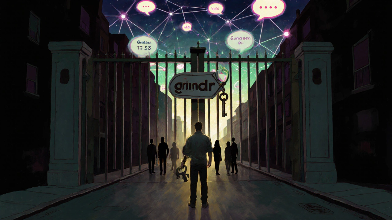 Man holding a glowing key to unlock a gate labeled &#039;Grindr Free&#039;, revealing a vibrant connected city behind.