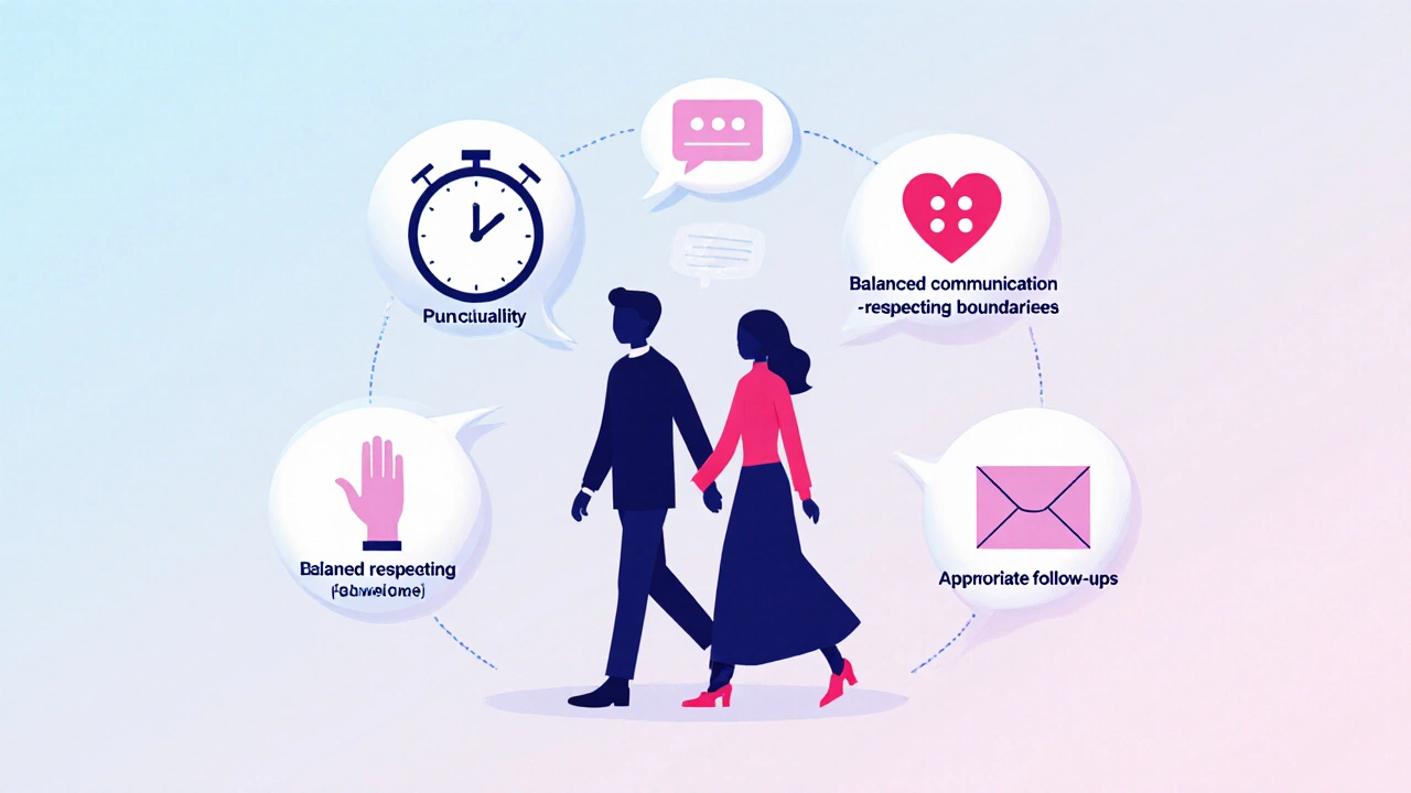 Minimalist icons of the five dating rules surrounding a walking couple.