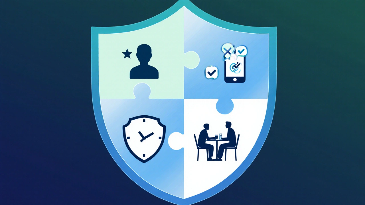 Shield made of puzzle pieces showing dating tips like profile, timing, multiple apps, verification.