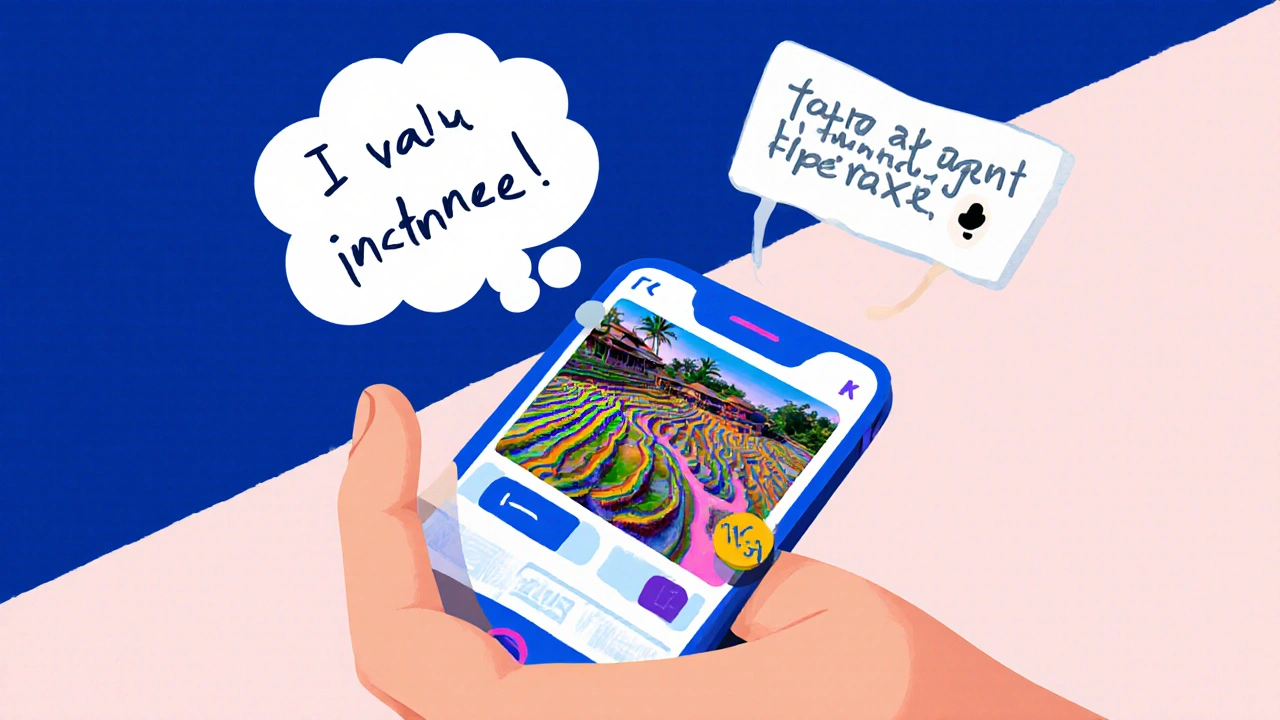 Smartphone showing a Bali photo with a playful thought bubble about it.