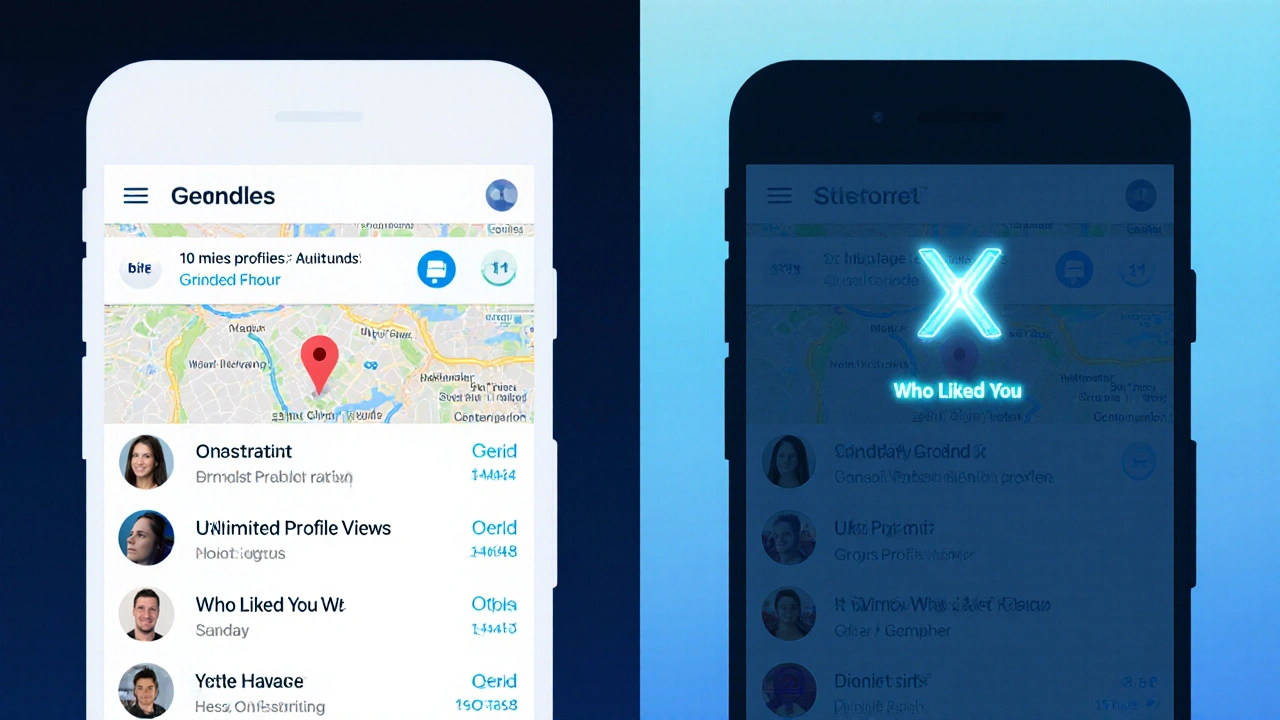 Split-screen comparing restricted free Grindr features versus unlocked features with Grindr X.