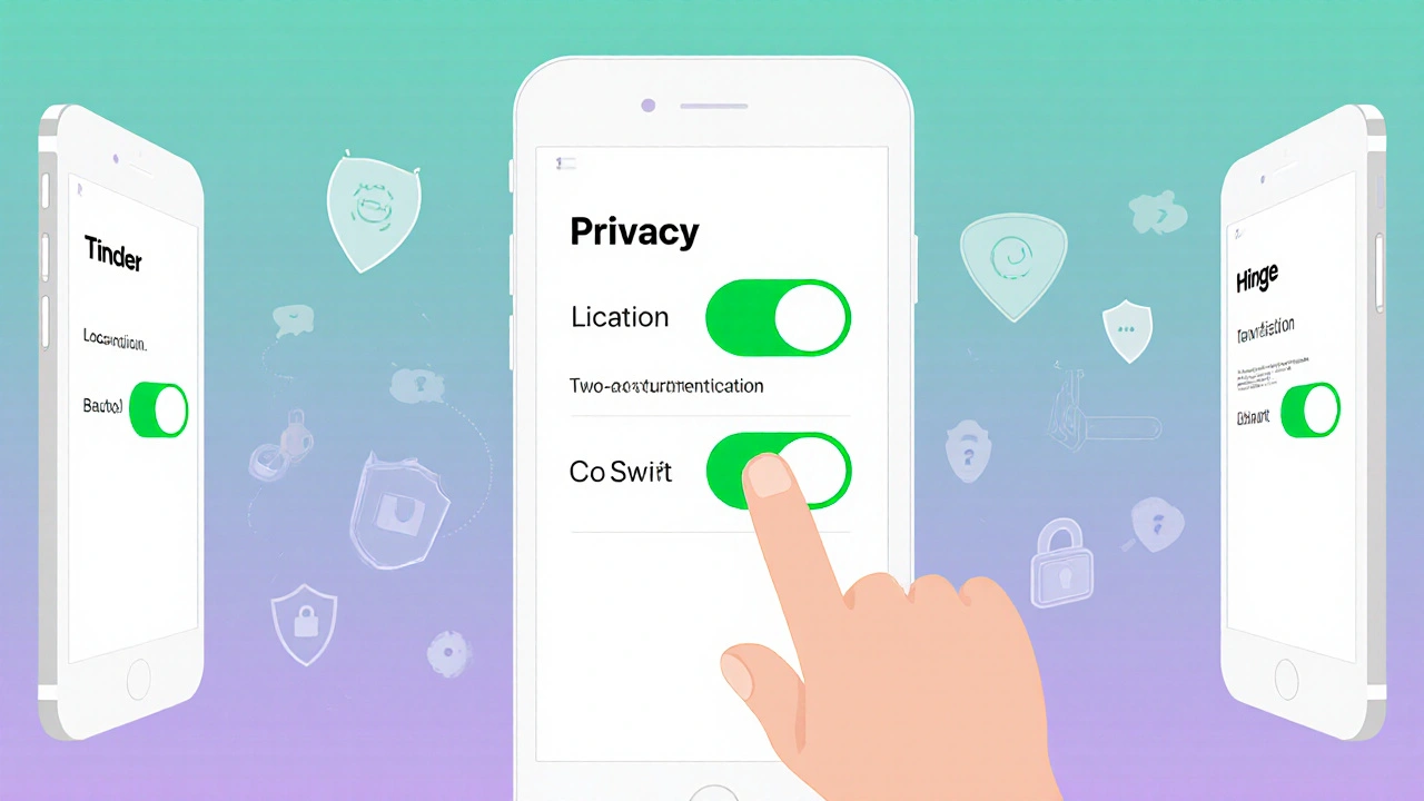 Three-panel illustration of privacy toggles for Tinder, Bumble, and Hinge apps.