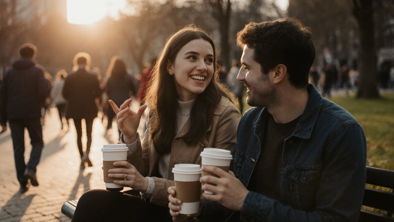 Two people having a calm, genuine conversation over coffee on a park bench at sunset.
