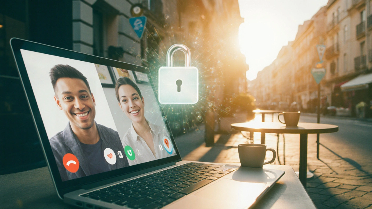 Video call on laptop with holographic lock, beside a sunny café table for a safe meetup.