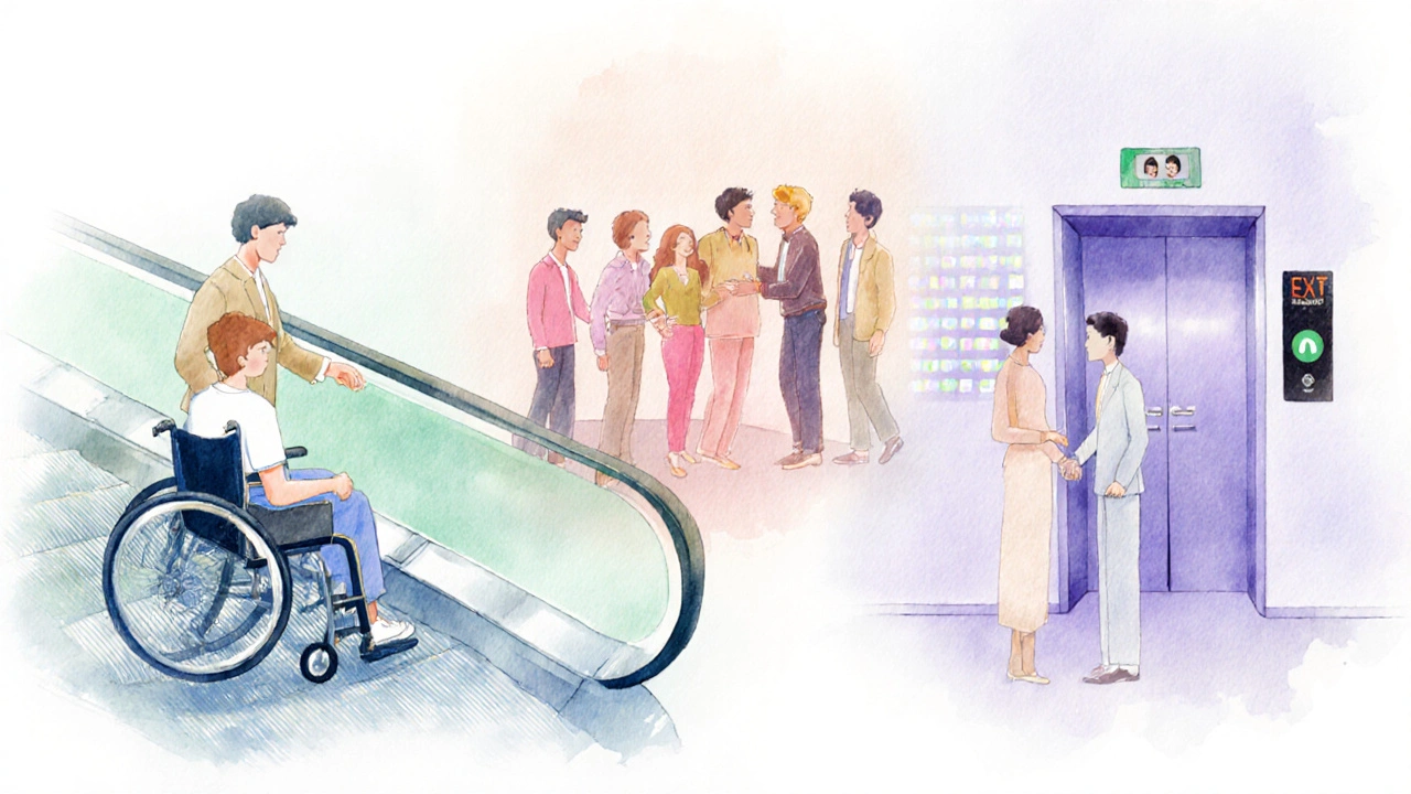 Watercolor scene of various exit moments: wheelchair ramp, group escalator, elevator, and virtual call.